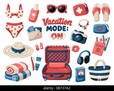 Ensemble complet de essentiels de voyage d'été. Valise pour voyage et vacances. Illustration vectorielle de dessin animé sur fond blanc Illustration de Vecteur