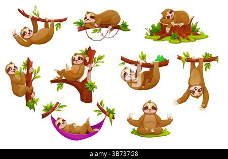 Animaux paresseux de bande dessinée, personnages mignons drôles dans des poses détendues et ludiques suspendues à des branches, méditant, dormant, lisant et se prélassant dans un Illustration de Vecteur