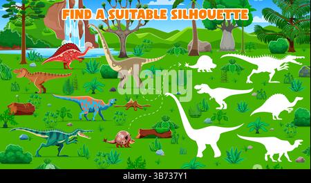 Jeu d'enfants, trouver l'ombre correcte des dinosaures préhistoriques. Ombre match énigme ou quiz, silhouette trouver jeu d'enfants ou feuille de calcul de vecteur de puzzle avec va Illustration de Vecteur