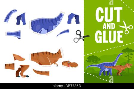 Coupez et collez la feuille de travail de jeu pour enfants avec des dinosaures préhistoriques, activité éducative vectorielle. Quiz puzzle en papier, couper, assortir et coller des parties de dessin animé jura Illustration de Vecteur