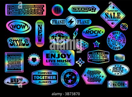 Autocollants Groovy hologramme iridescent y2k, étiquettes patch holographiques rétro. Autocollants d'hologramme vectoriel de feuille d'argent dégradé arc-en-ciel avec une forme groovy rétro Illustration de Vecteur