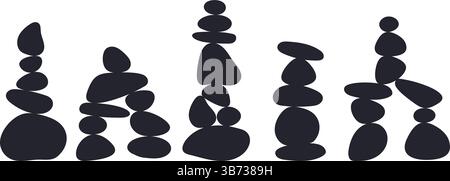 Équilibrage des pierres lisses. Pyramides de galets à silhouette noire. Formes arrondies de gravier. Rochers ovales naturels. Bain bouillonnant pavés sombres. Calme zen et mal Illustration de Vecteur