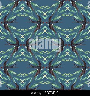 Bleu nuit avale oiseau et feuilles vertes motif sans couture. Texture aquarelle florale avec fond sombre parfait pour un arrangement élégant, saisonnier Banque D'Images