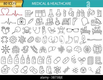 Collection d'icônes Medical Healthcare. 80 illustrations modernes d'art au trait couvrant l'anatomie, l'équipement, la médecine, et plus encore. Illustration vectorielle. Illustration de Vecteur