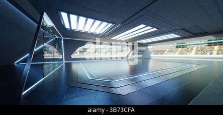 Garage futuriste présentant une piste de course et des affichages numériques avec des néons lumineux. rendu 3d. Banque D'Images