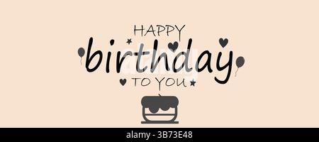 Joyeux anniversaire à vous lettrage modèle de bannière de texte ou poste de médias sociaux avec des ballons, icône de gâteau, cœurs sur fond rose. Illustration de Vecteur
