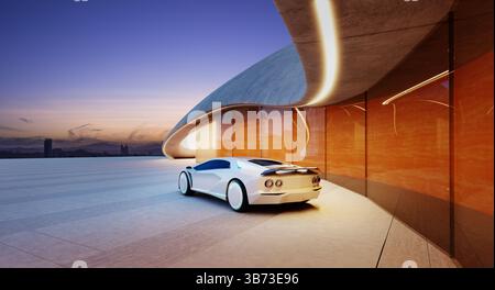 Voiture blanche futuriste garée dans un garage moderne et incurvé avec des murs orange au coucher du soleil, donnant sur un paysage urbain. rendu 3d. Banque D'Images