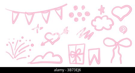 Éléments de coquette girly mignons dessinés à la main, des arcs, des guirlandes, des nuages et des gribouilles. Décor féminin pour bullet journal Illustration de Vecteur