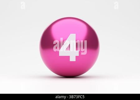 Sphère rose brillant montrant le numéro quatre sur fond blanc, idéale pour les concepts éducatifs, mathématiques ou numériques Banque D'Images