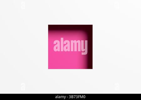 Composition minimaliste avec carré rose éclatant émergeant d'un fond blanc, créant un contraste visuel saisissant Banque D'Images
