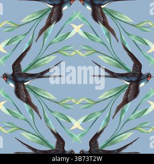 Motif sans couture bleu printemps avec des hirondelles oiseaux et feuillage. Aquarelle florale avec fond de ciel parfait pour arrangement romantique, saisonnier Banque D'Images