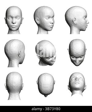 L'image est une série de différents clichés de tête d'une femme. Les visages sont tous dessinés de manière très stylisée et abstraite, avec les têtes qui semblent l’être Illustration de Vecteur