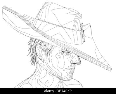 Un homme porte un chapeau et regarde la caméra. Le chapeau est un chapeau de paille avec une bande autour du haut. Le visage de l'homme est dessiné en noir et blanc, givin Illustration de Vecteur