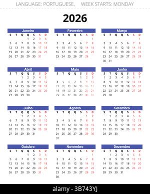 Calendrier vertical PORTUGAIS pour l'année 2026. Illustration vectorielle imprimable pour le Portugal Illustration de Vecteur