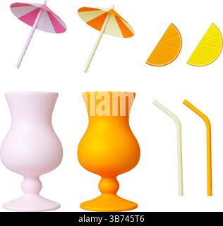Accessoires cocktail 3D. Pailles à boire isolées, tubes, parapluies à boire, tranche d'orange et verres élégants. Design de cocktails réaliste pour bar, plage Illustration de Vecteur