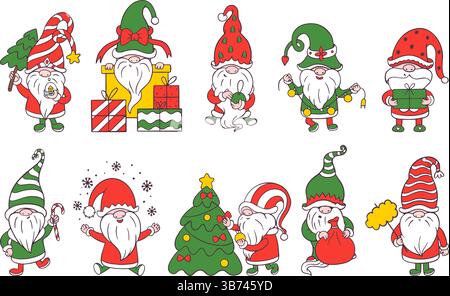 Noel Doodle gnomes. Mignons nains avec cadeaux jouets arbre de Noël. Personnages de style scandinave, vacances d'hiver drôles de créatures néotériques vecteur clipart Illustration de Vecteur