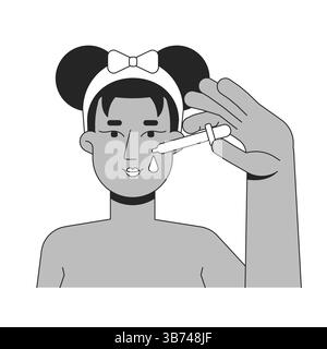 Femme noire appliquant le sérum d'huile faciale avec l'illustration de contour de compte-gouttes Illustration de Vecteur