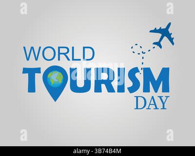 Concept créatif de la Journée mondiale du tourisme : avion, carte du monde et icônes de navigation sur fond gris, célébrant les aventures de voyage dans le monde entier. Illustration de Vecteur