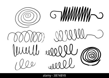 Fil métallique spiralé fileté à la main ressort de ligne courbe en acier rebond dessiné à la main. Placez les bobines flexibles métalliques de vape. Spirale de moteur en acier. Illustration vectorielle Illustration de Vecteur