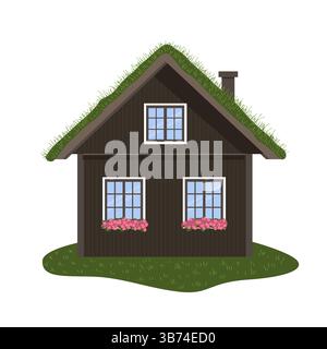 Maison scandinave en bois avec un toit en herbe verte. Hytter norvégien. ECO Home, illustration isolée vectorielle Illustration de Vecteur
