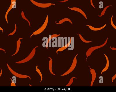 Motif vectoriel sans couture avec des silhouettes épicées de capsicum. Répétitions de formes de piment rouge sur un fond rouge foncé. Idéal pour la conception alimentaire, envelopper Illustration de Vecteur