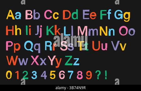 Alphabet grungy dessiné à la main coloré et ensemble de chiffres – police de style Rough artistique pour les enfants, les affiches, l'artisanat et les projets de typographie créative Illustration de Vecteur