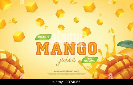 Design de promotion de marque de jus de mangue frais. Tranche de mangue, éclaboussure de jus avec des cubes de mangue tombant sur fond, vecteur de bannière horizontale publicitaire. Illustration de Vecteur