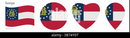 Géorgie État américain agitant drapeau, badge autocollant rond cercle, icône en forme de coeur, épingle de carte. Boutons de drapeau de différentes formes. Illustration vectorielle isolée o Illustration de Vecteur