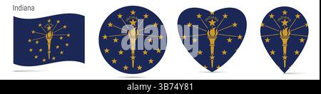 Drapeau de l'État américain de l'Indiana agitant, badge autocollant rond, icône en forme de coeur, épingle de carte. Boutons de drapeau de différentes formes. Illustration vectorielle isolée o Illustration de Vecteur