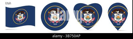 Drapeau agitant de l'état de l'Utah US, badge autocollant circulaire rond, icône en forme de coeur, épingle de carte. Boutons de drapeau de différentes formes. Illustration vectorielle isolée sur w Illustration de Vecteur