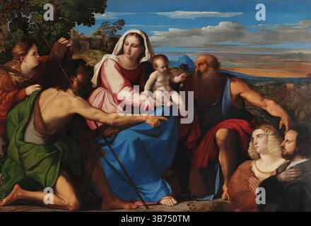 Sacra Conversazione avec des donneurs. Musée : Museo di Capodimonte, Naples. Auteur : Palma il Vecchio, Jacopo, The Elder. Banque D'Images