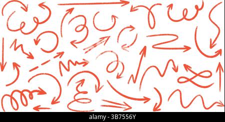 Collection Red crayon Arrow Doodles - lignes courbes esquissées à la main, tourbillons ronds, pointeurs. Illustration de Vecteur