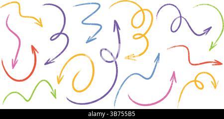 Pack de flèches de crayon pastel - lignes courbes esquissées à la main, tourbillons ronds, pointeurs. Illustration de Vecteur