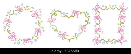 Coquette Spring cadres fantaisistes avec des fleurs et des noeuds dans un style tendance et vintage. Bordures vintage délicates pour les décorations de vacances, mariage, cadeau d'anniversaire. Illustration vectorielle dessinée à la main. Illustration de Vecteur