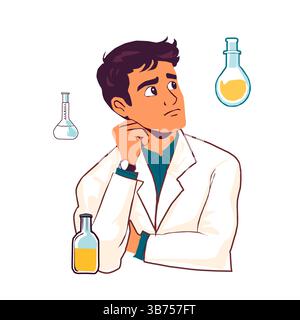 Illustration vectorielle d'un jeune scientifique réfléchi dans un manteau blanc entouré de flacons et de tubes à essai, fond blanc, style propre et moderne. Illustration de Vecteur