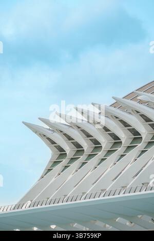 Détail architectural blanc abstrait à Valence, Espagne. Vue rapprochée des éléments de design moderne du Palau principe Felipe, Musée des Sciences à l'ci Banque D'Images