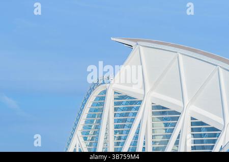 Vue rapprochée des éléments de design moderne du Palau principe Felipe, Musée des Sciences de la Cité des Arts et des Sciences. White architectural Lines, Vale Banque D'Images