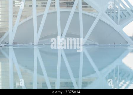 Perspective du Museu de les ciencies principe Felipe. Vue abstraite de la conception du Musée des Sciences reflétée dans l'eau. Cité des Arts et des Sciences, Banque D'Images