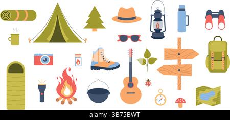 Ensemble isolé d'éléments vectoriels dans un style plat pour le camping. Illustration de Vecteur