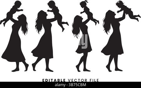 Joyeux vecteur de fête des mères, mère et bébé Silhouette Set Illustration de Vecteur