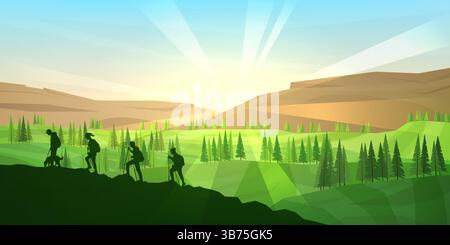 Illustration vectorielle. Scène de paysage avec groupe de randonneurs. Concept de voyage pour découvrir, explorer et observer la nature. Les voyageurs grimpent Illustration de Vecteur