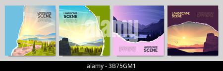 Illustrations vectorielles. Fonds carrés ensemble de paysage. Effet de superposition papier déchiré. Sentier pédestre dans la prairie, falaise près de la forêt, scène du soir, coucher de soleil Illustration de Vecteur