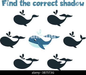 Trouvez l'ombre de baleine correcte. Jeu éducatif pour enfants, maternelle préscolaire ou activité à domicile. Dessin animé baleine et silhouettes de baleines avec de l'eau Illustration de Vecteur