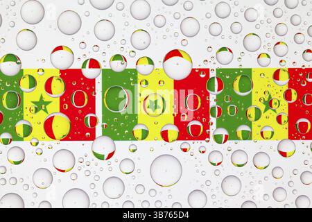 Drapeaux du Sénégal derrière un verre recouvert de gouttes de pluie. Illustration 3D. Banque D'Images