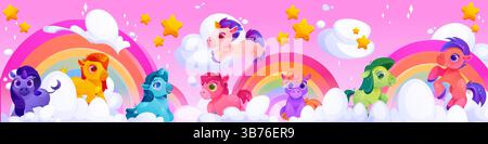 Fond licorne. Jolis animaux poneys arc-en-ciel, paysage pour enfants rose avec un adorable cheval magique de fée drôle, conte pour bébé. Animaux lumineux de différentes couleurs sur des nuages. Bannière horizontale. Papier peint vectoriel Illustration de Vecteur