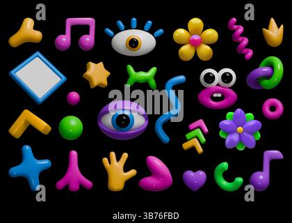Éléments de l'an 2000. Formes 3D de musique de fleur. Motif abstrait amusant avec figurines en plastique brillant. Rendu spirale ou œil. Gribouilles gonflées des années 90. Enfantin minimal b Illustration de Vecteur
