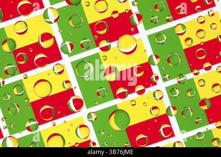 Drapeaux du Bénin, derrière un verre recouvert de gouttes de pluie.motif de drapeaux Bénin. Illustration 3D. Banque D'Images