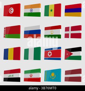 Grand ensemble de drapeaux 3D nationaux vectoriels avec des reflets dans un style isométrique Illustration de Vecteur
