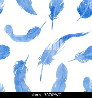 Aquarelle sans couture motif rêveur délicat plumes bleu ciel moelleux sur fond blanc neutre Banque D'Images