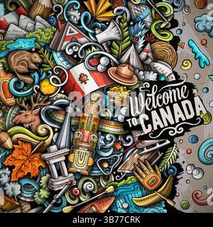 Illustration de dessin animé du Canada. Drôle de frontière canadienne. Fond vectoriel créatif présentant des éléments et des objets de pays nord-américains. Coloré Illustration de Vecteur